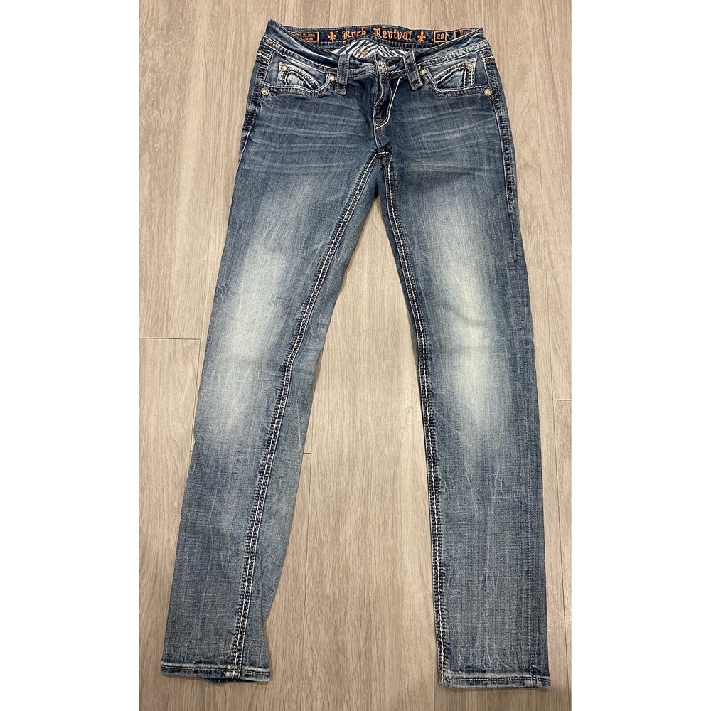 Rock Revival Womens Blue Embroidered Medium Wash Denim Skinny Jeans Size 29